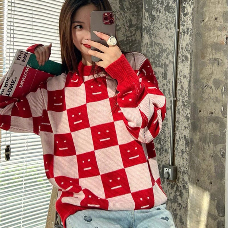 22S SACNE STUDIOS Checkerboard Square Smiley Crew Neck Sweater