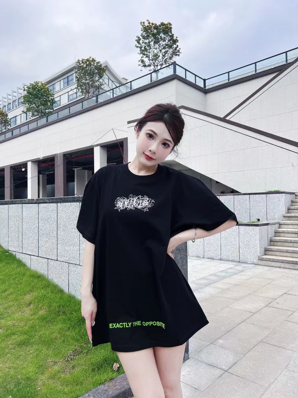 OW embroidery flocking print pattern short sleeve