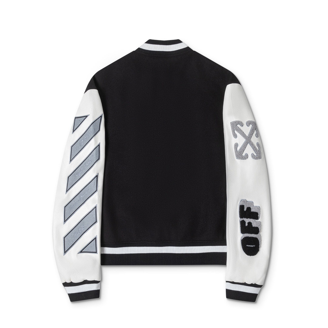 Off-White 2024 Fall/Winter new heavy embroidery patchwork leather varsity jacket in black, unisex