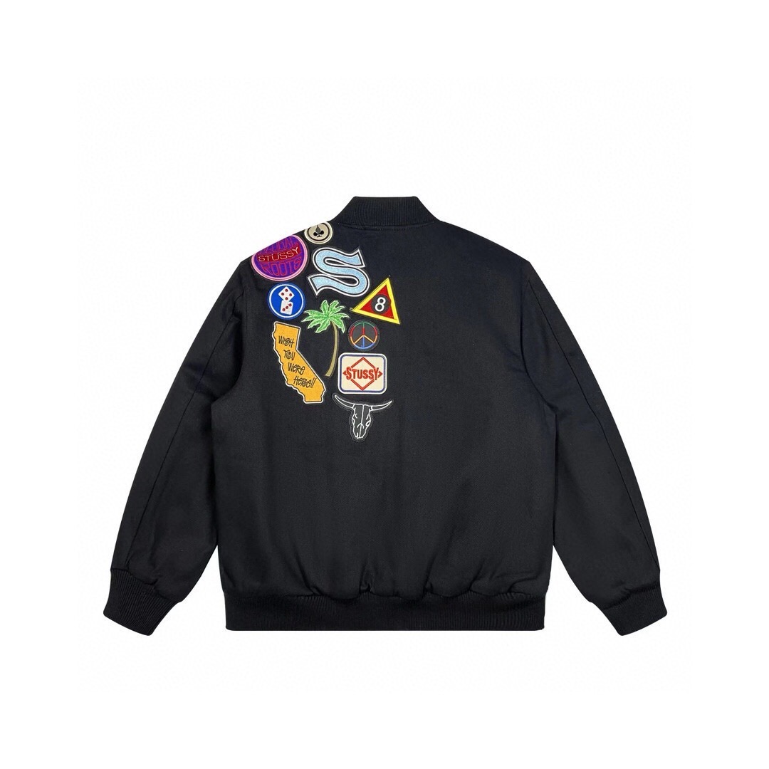 Stussy appliqué graphic print single-breasted logo stand-collar varsity jacket