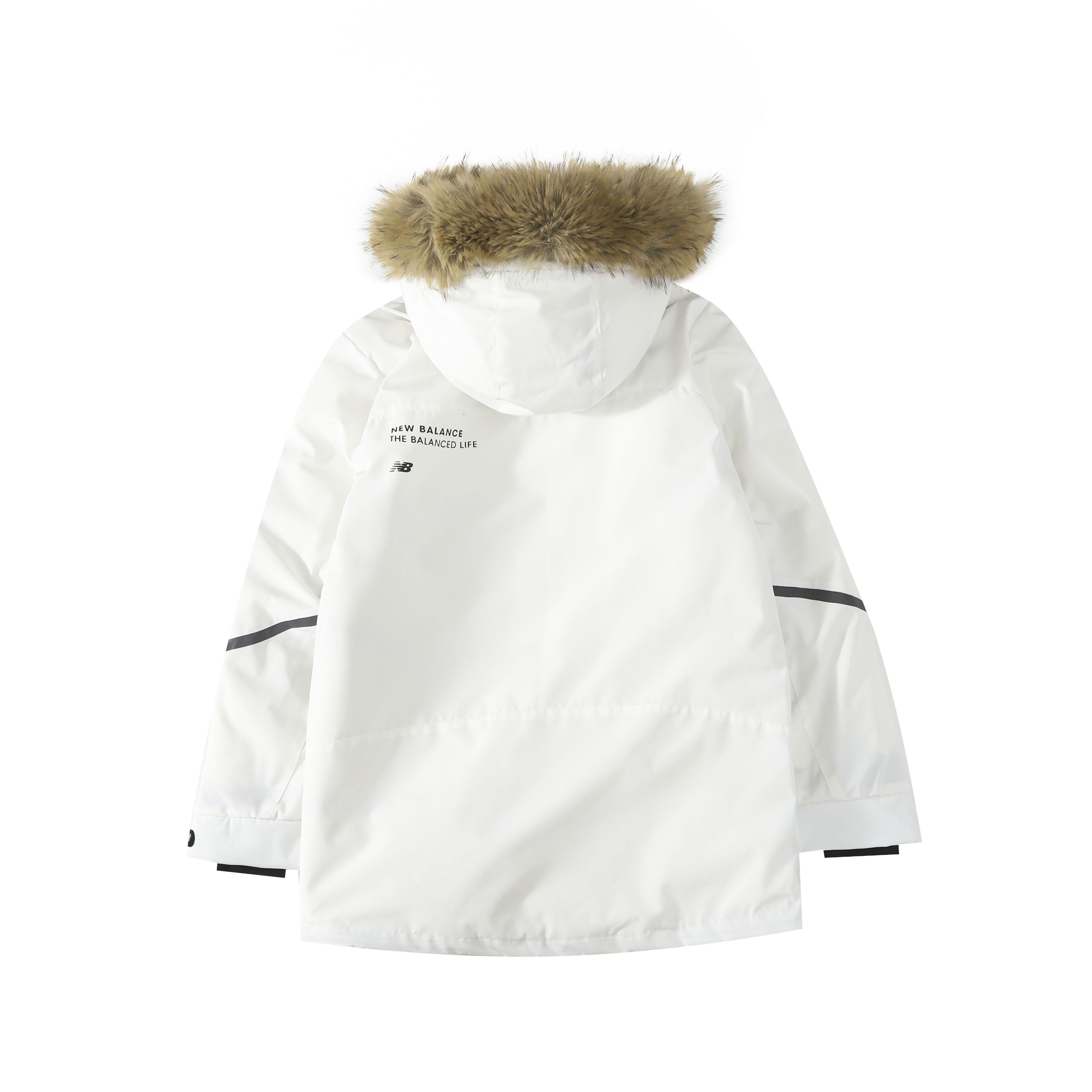 New Balance Solid-color Fur-trimmed Mid-length Hooded Down Jacket