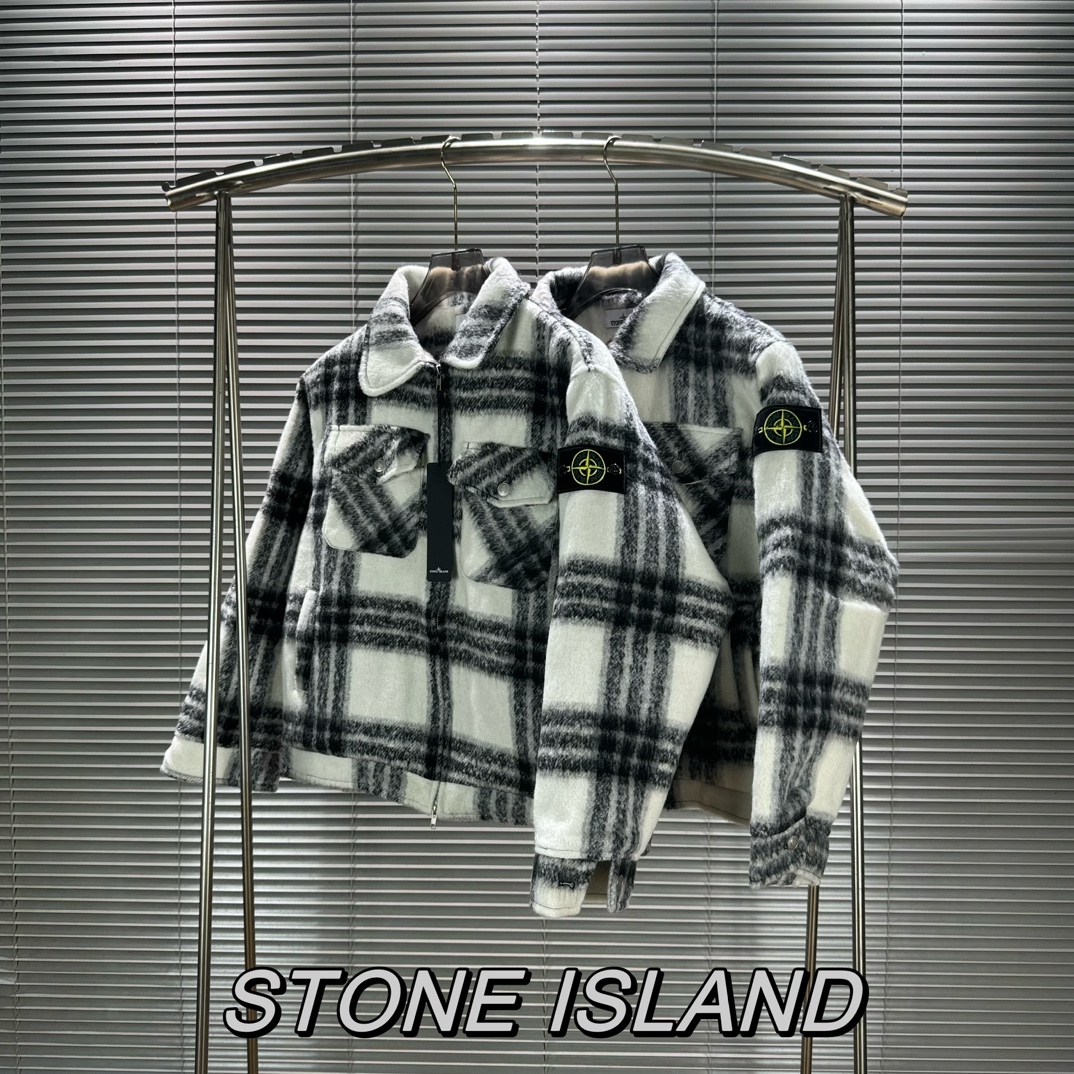 Stone 1sland Black and White Checkered Wool-cotton Padded Jacket